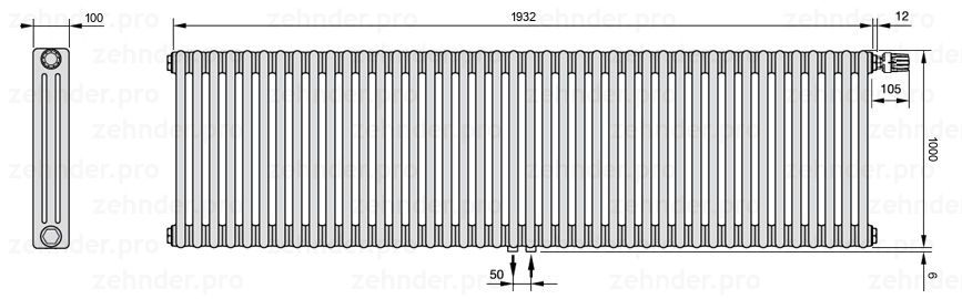Схема (чертеж) Радиатор Zehnder Charleston 3100/42 №V008 Белый глянцевый RAL 9016
